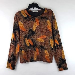 Conrad C Collection Long Sleeve Earthtone Feather Print Top Size M